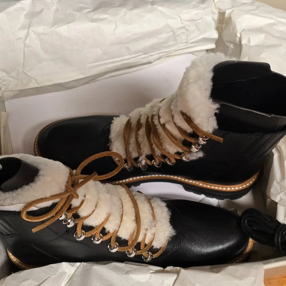 M LIZZIE Black Multi Leather Shearling Hiking Boots Size 9M - Picture 3 of 10